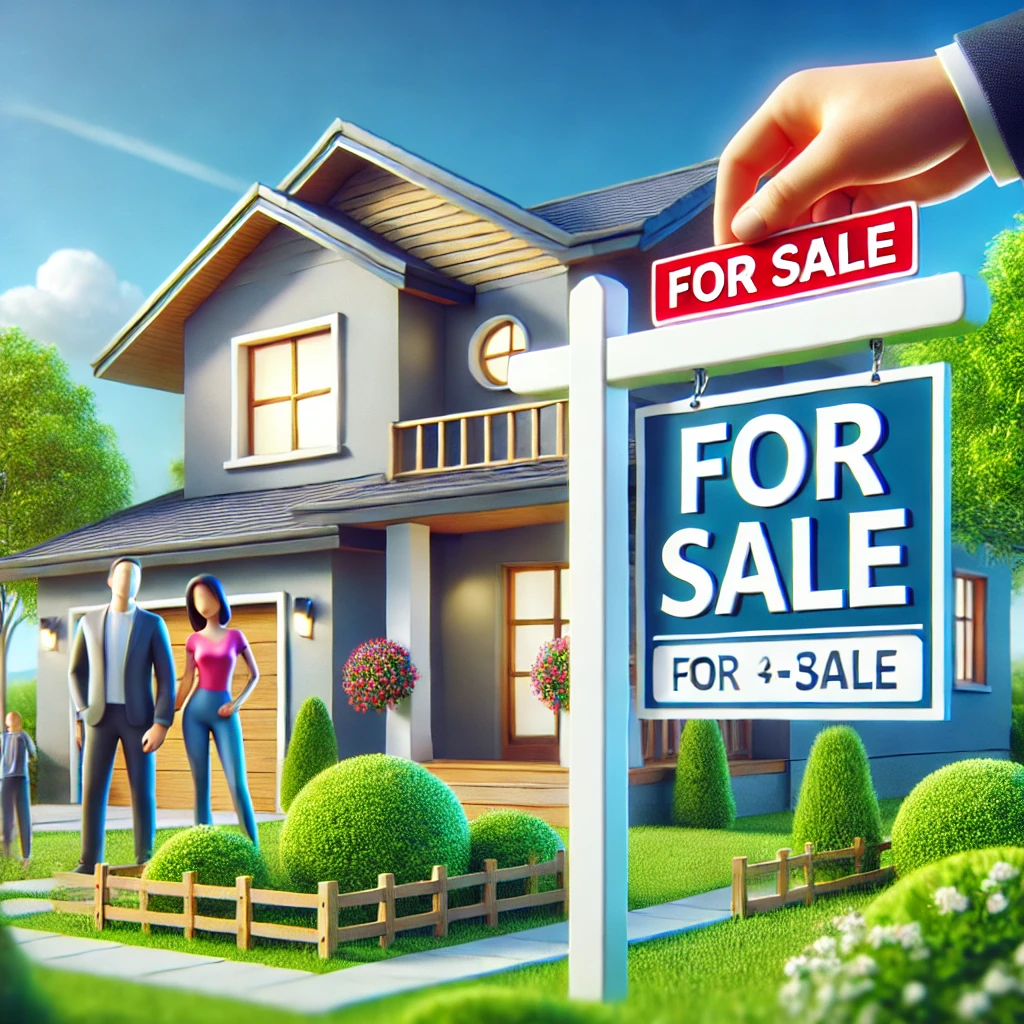 Illustration of a couple standing by a house with a prominent “For Sale” sign, representing efficient home-selling services in Denver.