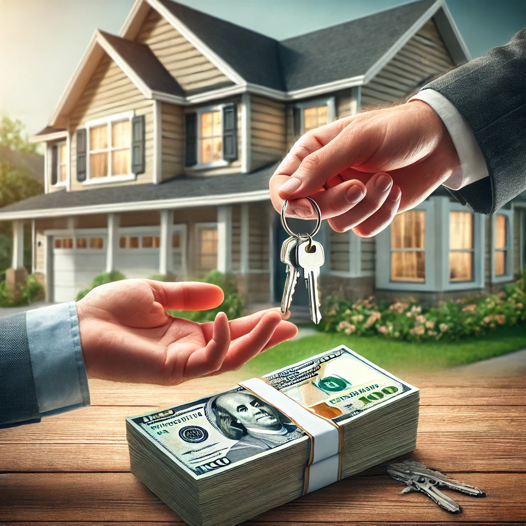 A person hands over house keys above a stack of cash, with a home in the background, illustrating a quick property sale in Denver.