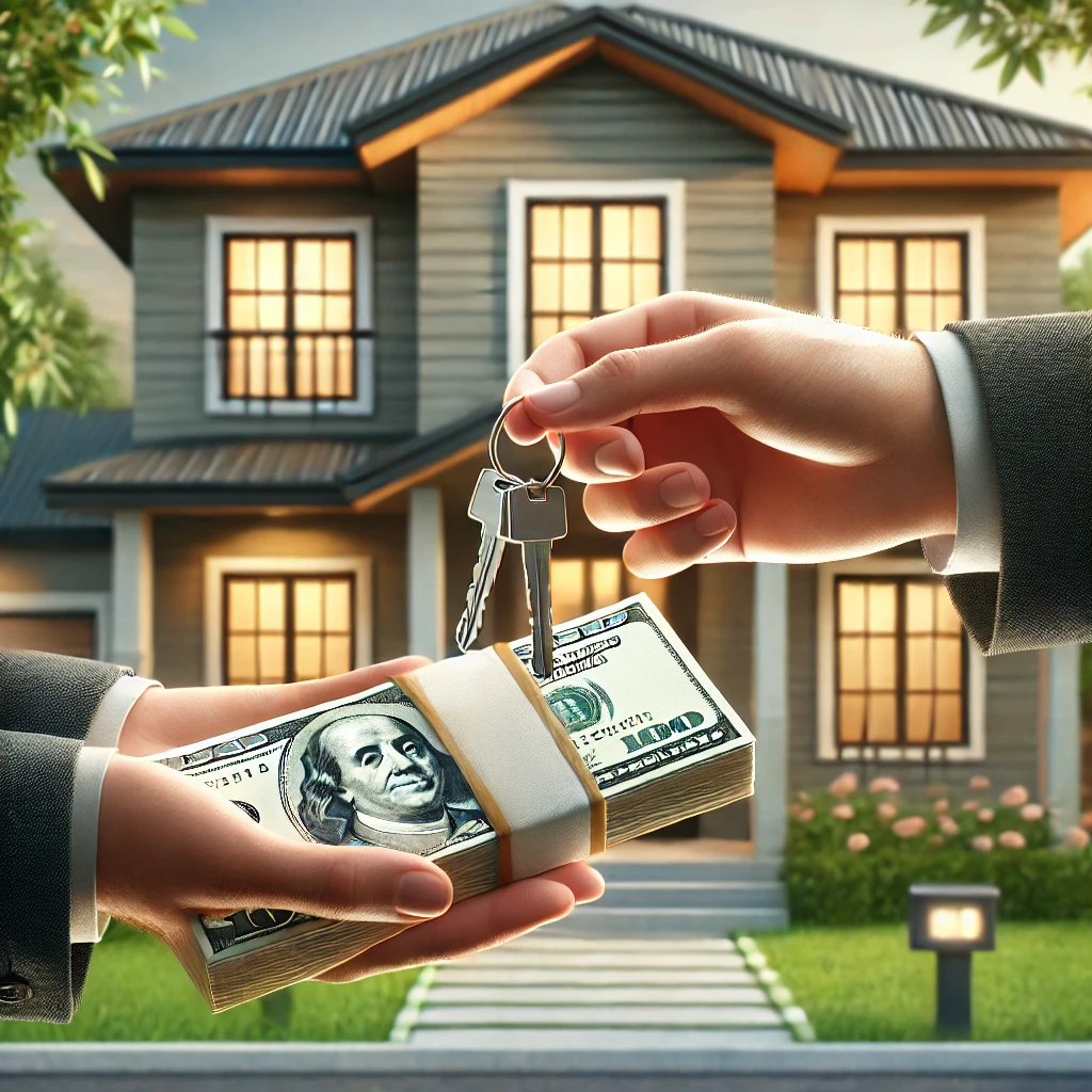 A person hands over house keys in exchange for a stack of cash in front of a modern home, illustrating fast property transactions in Denver.