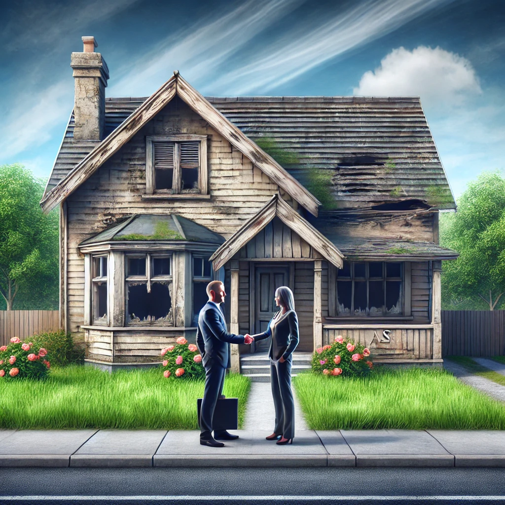 Two people shake hands in front of a dilapidated house, symbolizing a ‘We Buy Houses in Denver’ deal.