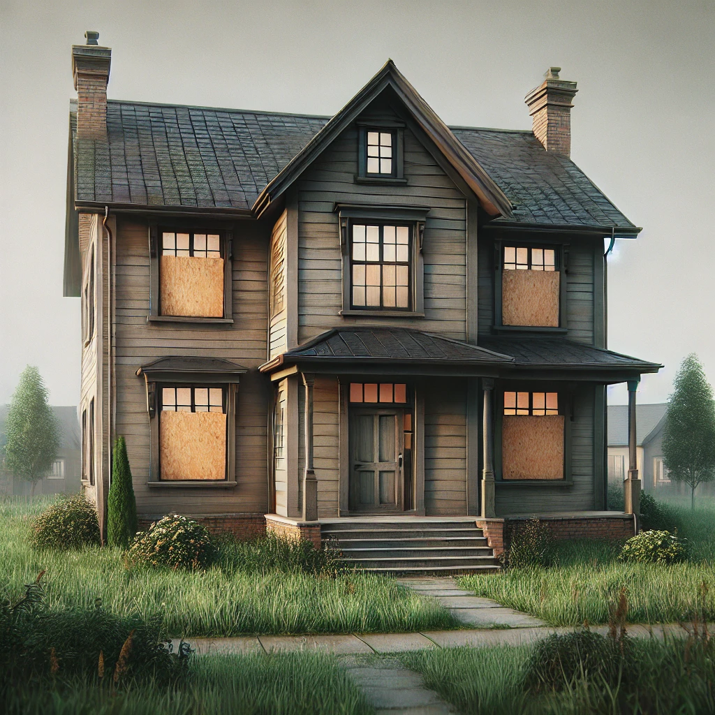 A boarded-up, weathered house with overgrown grass, illustrating a prime candidate for ‘We Buy Houses in Denver’ services.