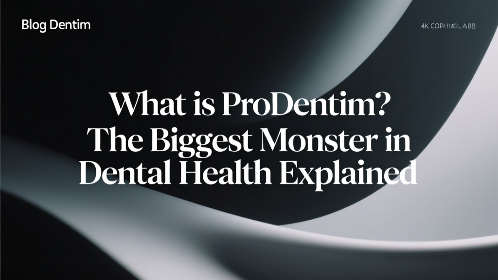 Image features the article title "What is ProDentim? The Biggest Monster in Dental Health Explained" in large, bold text on a dark, abstract background. Blog Dentim logo.