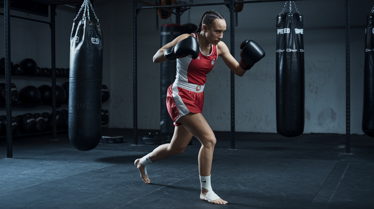 A female boxer in red gear practices footwork near punching bags in a gym, illustrating boxing stance and movement techniques.