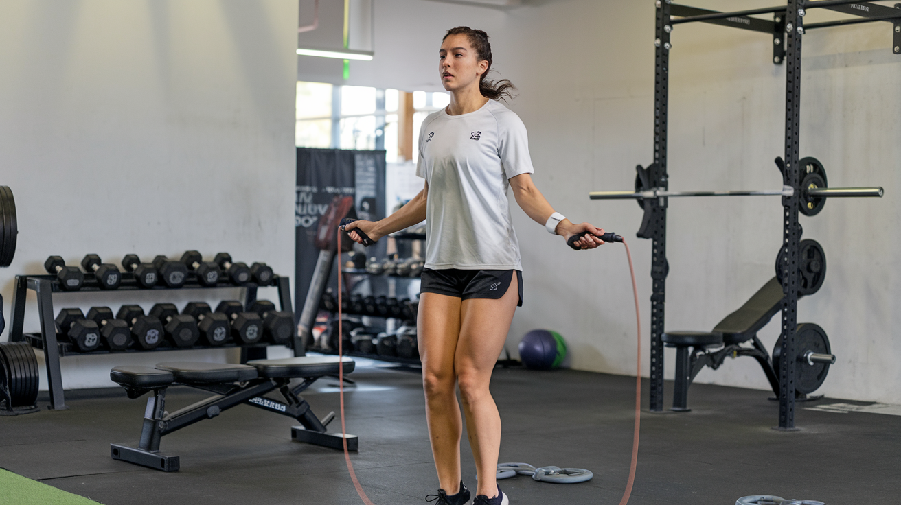 Woman practicing boxing footwork by jumping rope in a gym, with weights and bench equipment in the background.