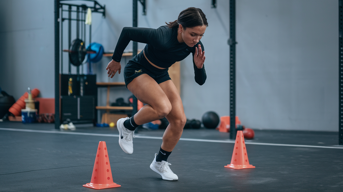 Woman practicing boxing footwork by sprinting between cones in a gym, emphasizing agility and coordination.