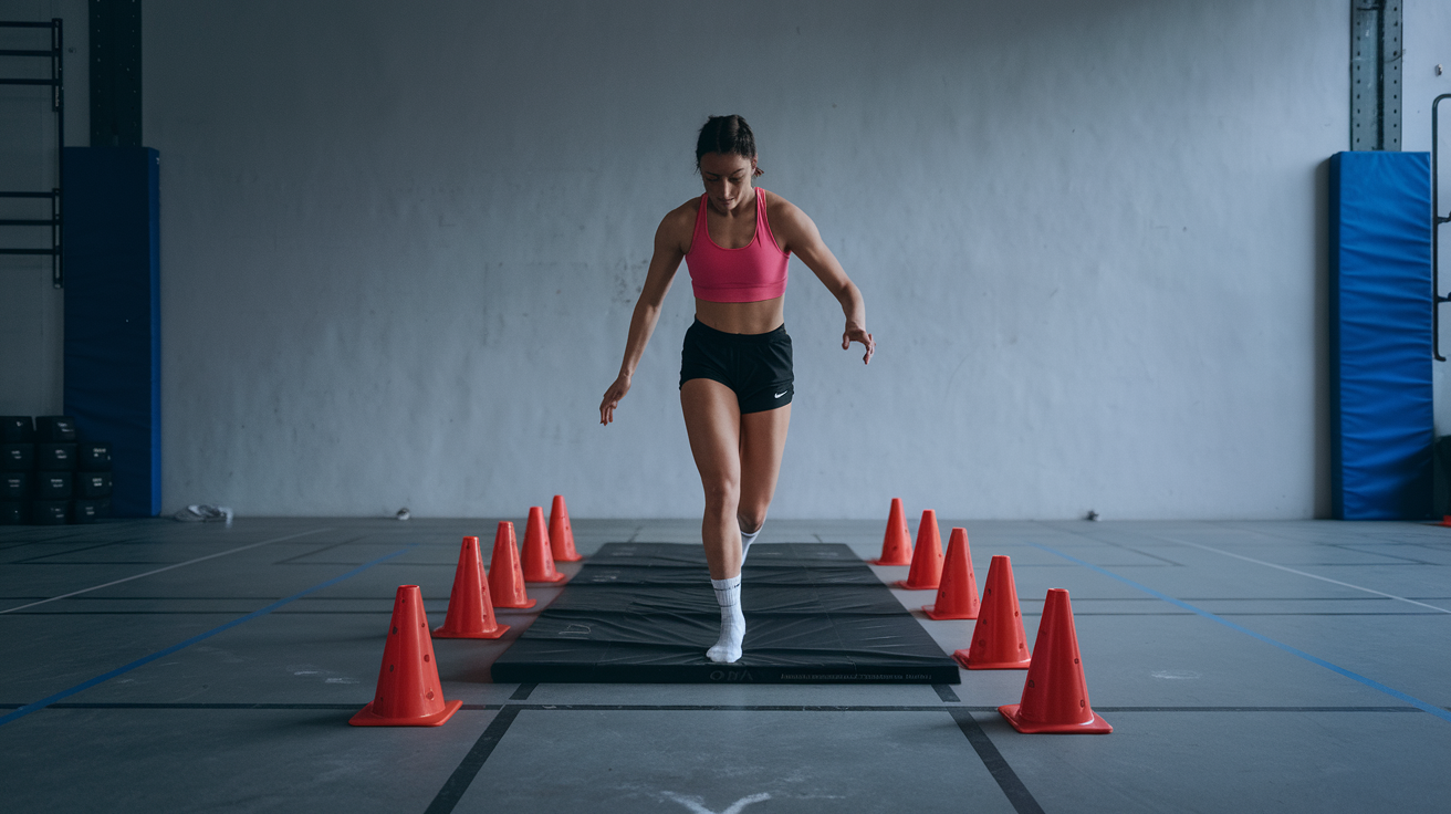 A woman in athletic wear practices agility by stepping between orange cones on a mat, focusing on boxing footwork techniques in a gym.