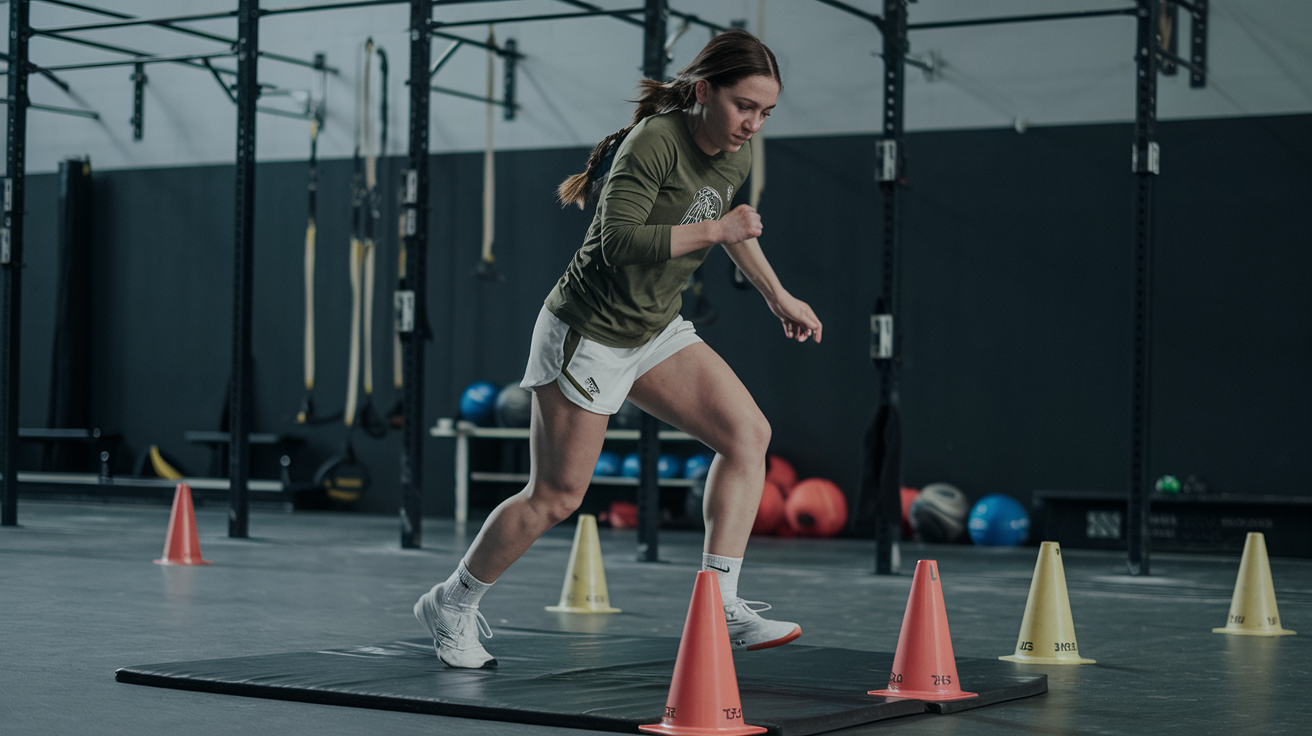 A woman practices boxing footwork drills, stepping between cones on a mat in a gym setting.