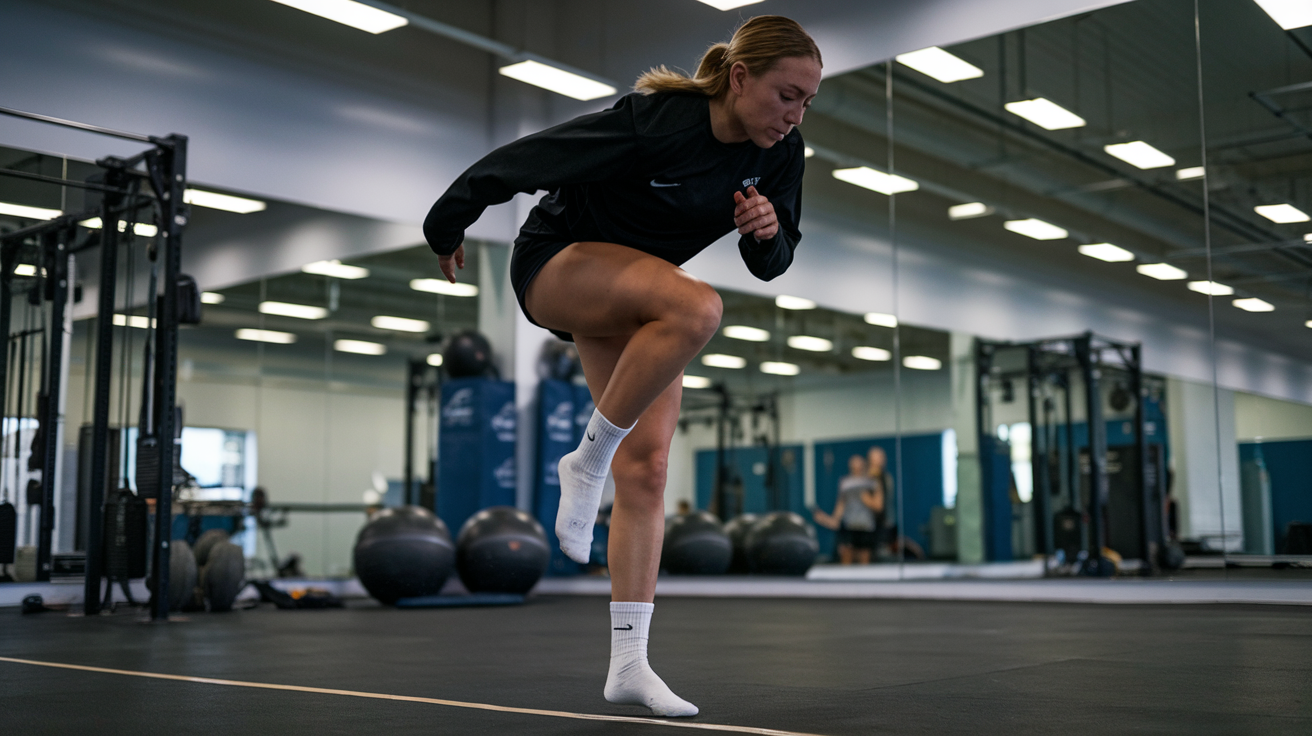 A woman practicing boxing footwork in a gym, mid-stride, wearing athletic wear and socks, with gym equipment visible in the background.