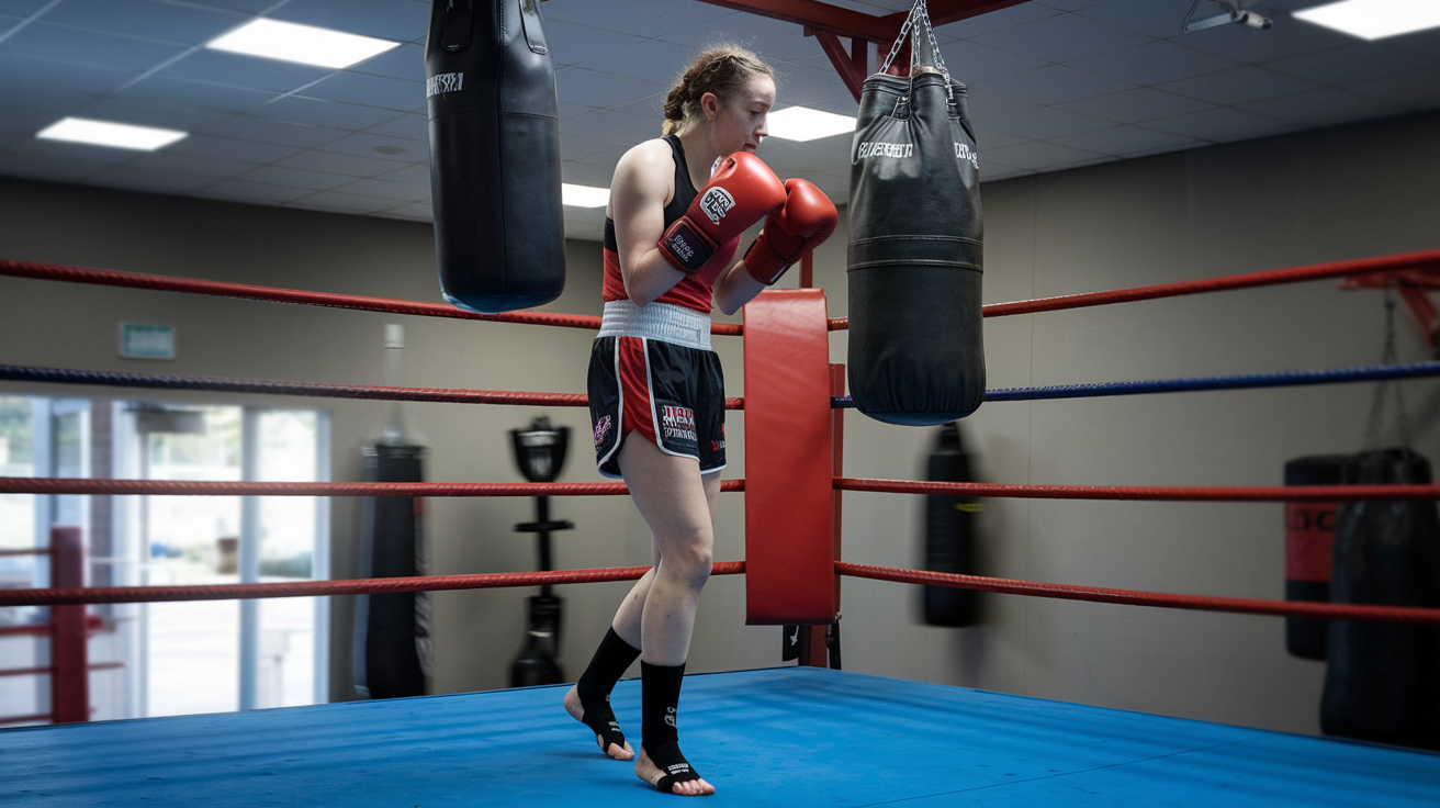 A female boxer practices footwork in a boxing ring, wearing red gloves and black shorts, with punching bags in the background.