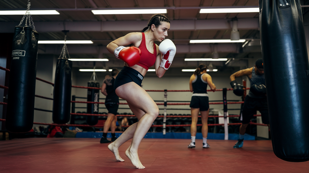 A female boxer in red and black gear practices footwork in a gym ring, emphasizing movement and balance, aligning with boxing basics.