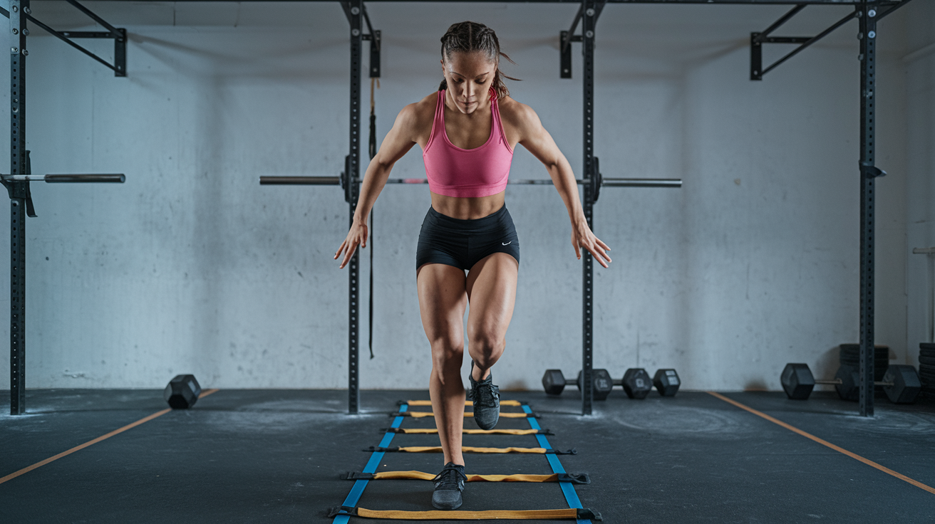 Woman practicing agility drills on a ladder in a gym, enhancing boxing footwork techniques as described in the article.