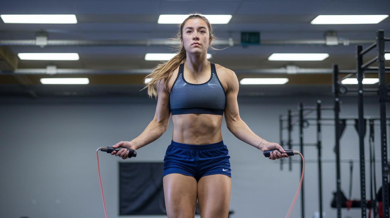 Woman jump roping in a gym, showcasing an intense summer boxing workout suitable for all skill levels.