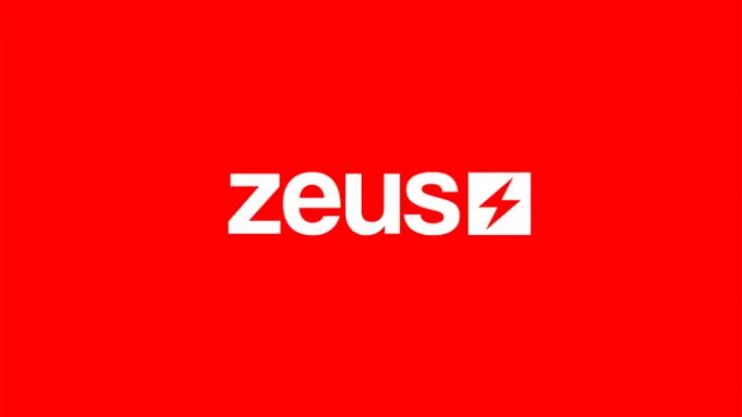 Zeus Network logo with white text and a lightning bolt symbol on a red background.