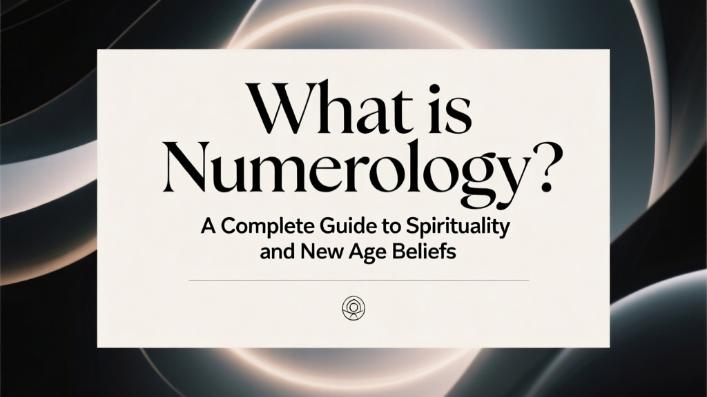 Title card for an article. The words "What is Numerology? A Complete Guide to Spirituality and New Age Beliefs" is displayed on a light background with an abstract design.