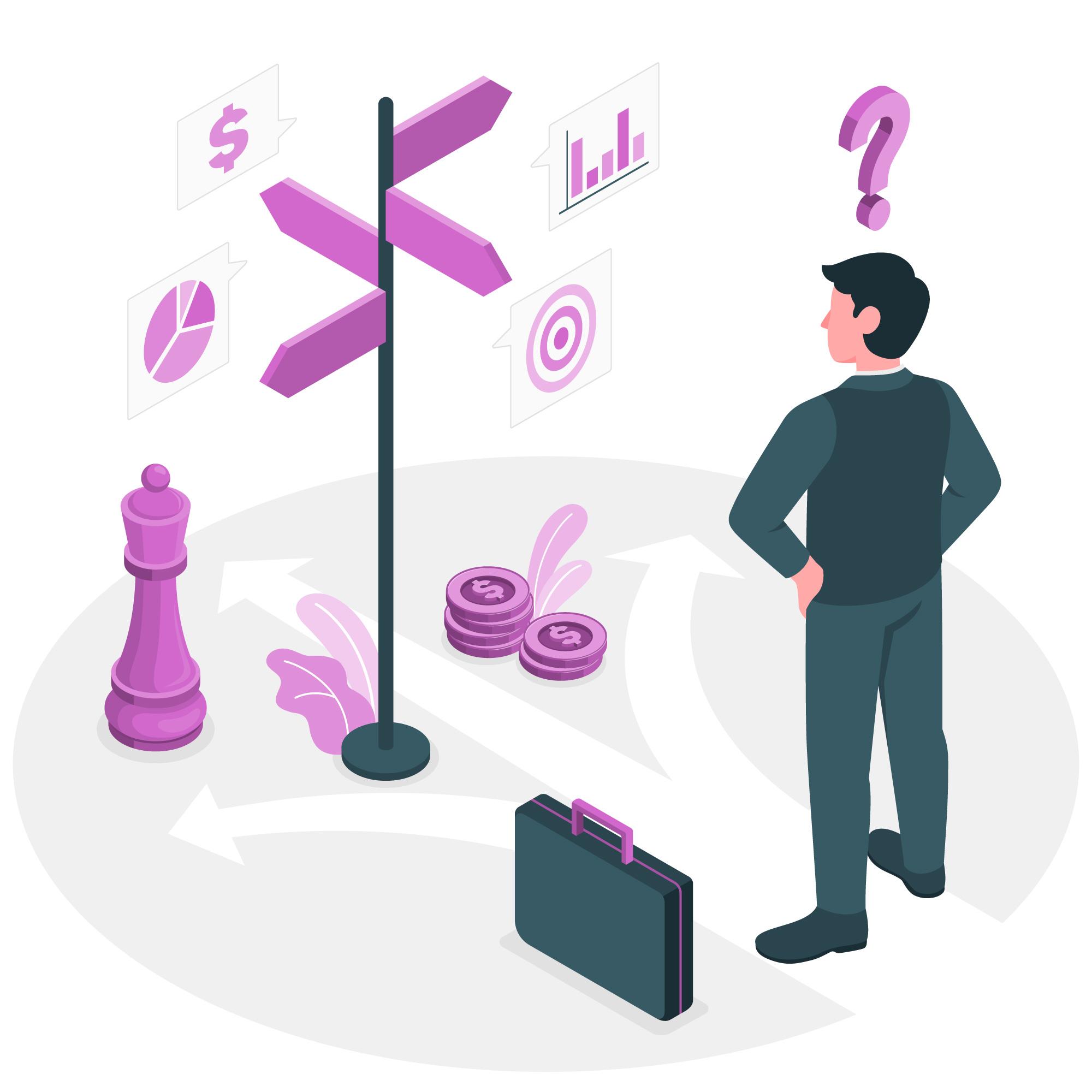 Man at crossroads with signposts pointing to money, charts, and goals. Symbols of a chess piece and briefcase suggest strategic decisions.