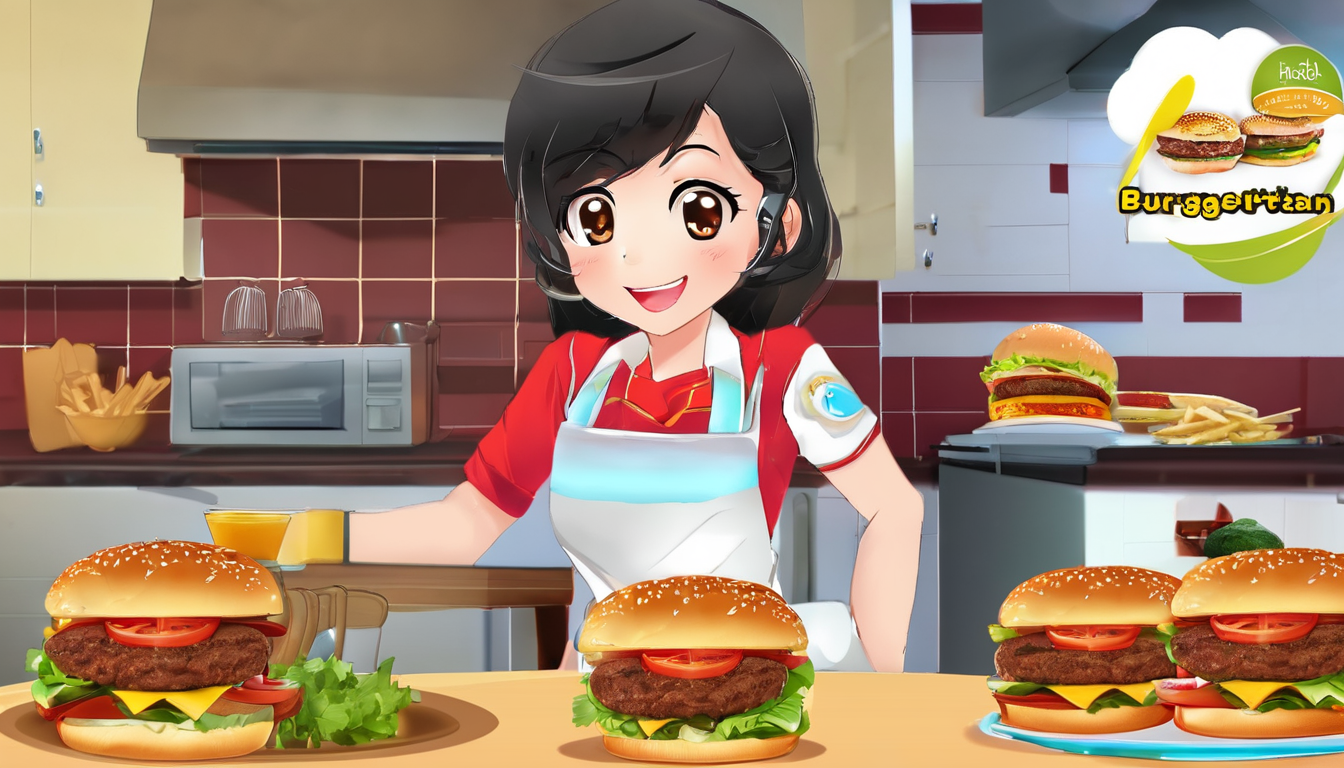 An anime-style character in a kitchen with homemade burgers and fries on the counter, illustrating a guide to making delicious burgers at home.
