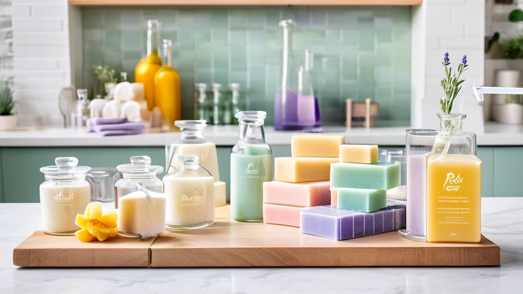 Colorful handmade goat milk soap bars displayed with glass jars of ingredients, set on a wooden board in a modern kitchen.