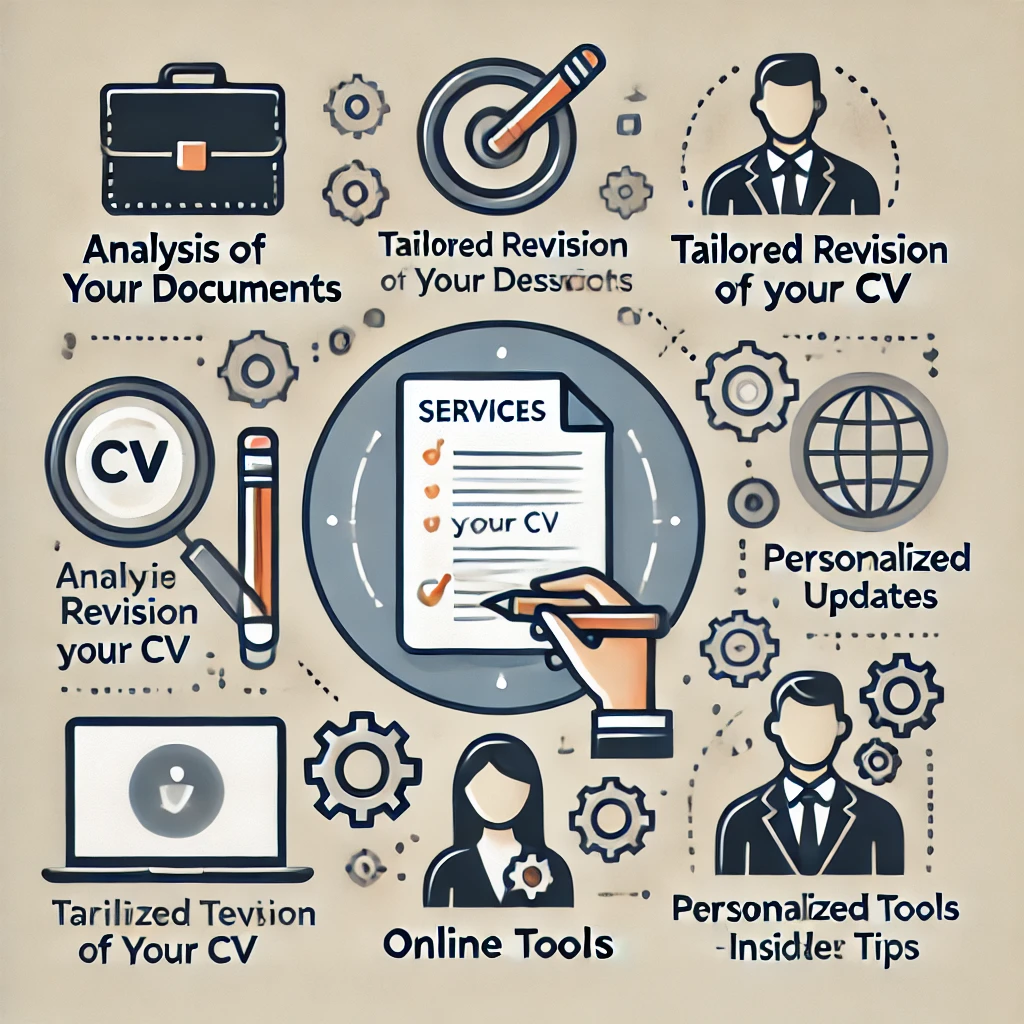 Illustrated guide showcasing CV analysis, personalized updates, tailored revisions, and online tools, aligning with creating a CV on Canva.