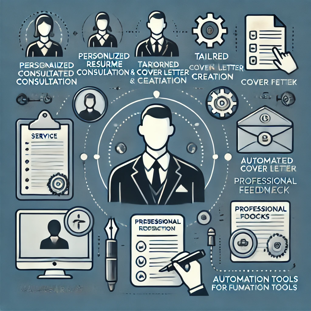 Illustration of a professional persona surrounded by icons for personalized consultation, resume services, and automated tools, relevant to creating CVs.