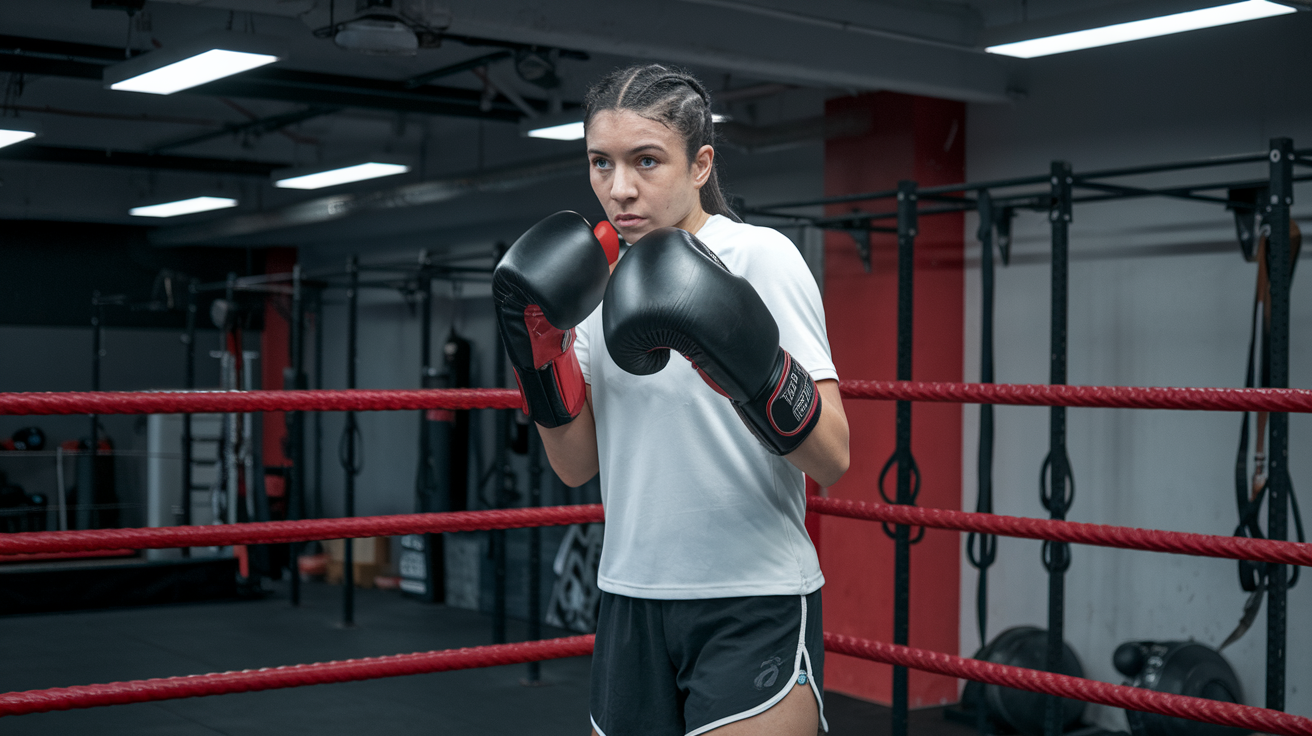 A boxer in a gym wearing gloves and sportswear, standing in a fighting stance inside a boxing ring.