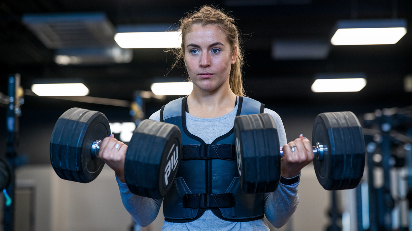 Woman lifting dumbbells while wearing a weighted vest, emphasizing strength training essential for boxing preparation.