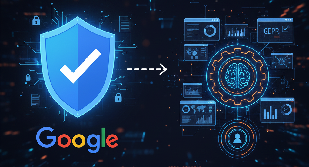 Google shield symbol with a checkmark and connected data elements, illustrating Consent Mode v2's focus on privacy and compliance in marketing.