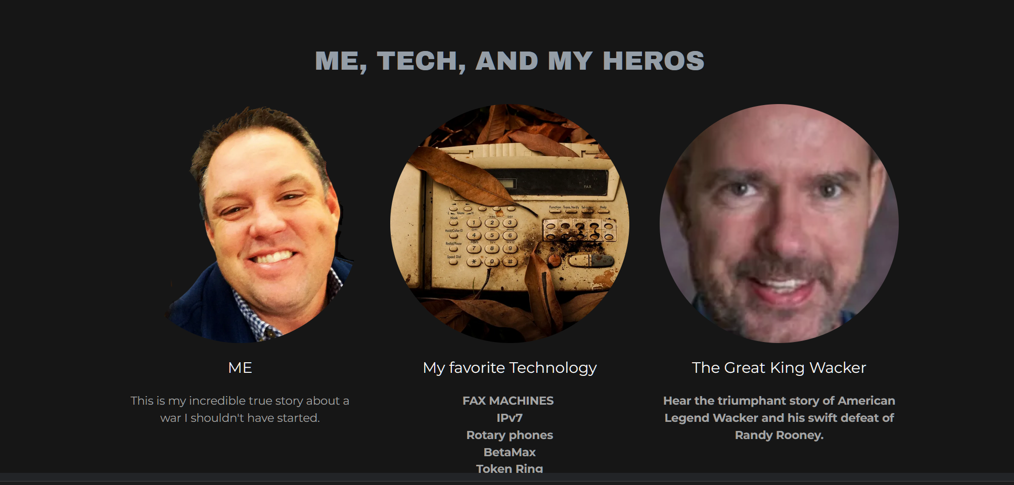 Three circular images depicting a smiling individual, a dusty fax machine, and another person, under the title
