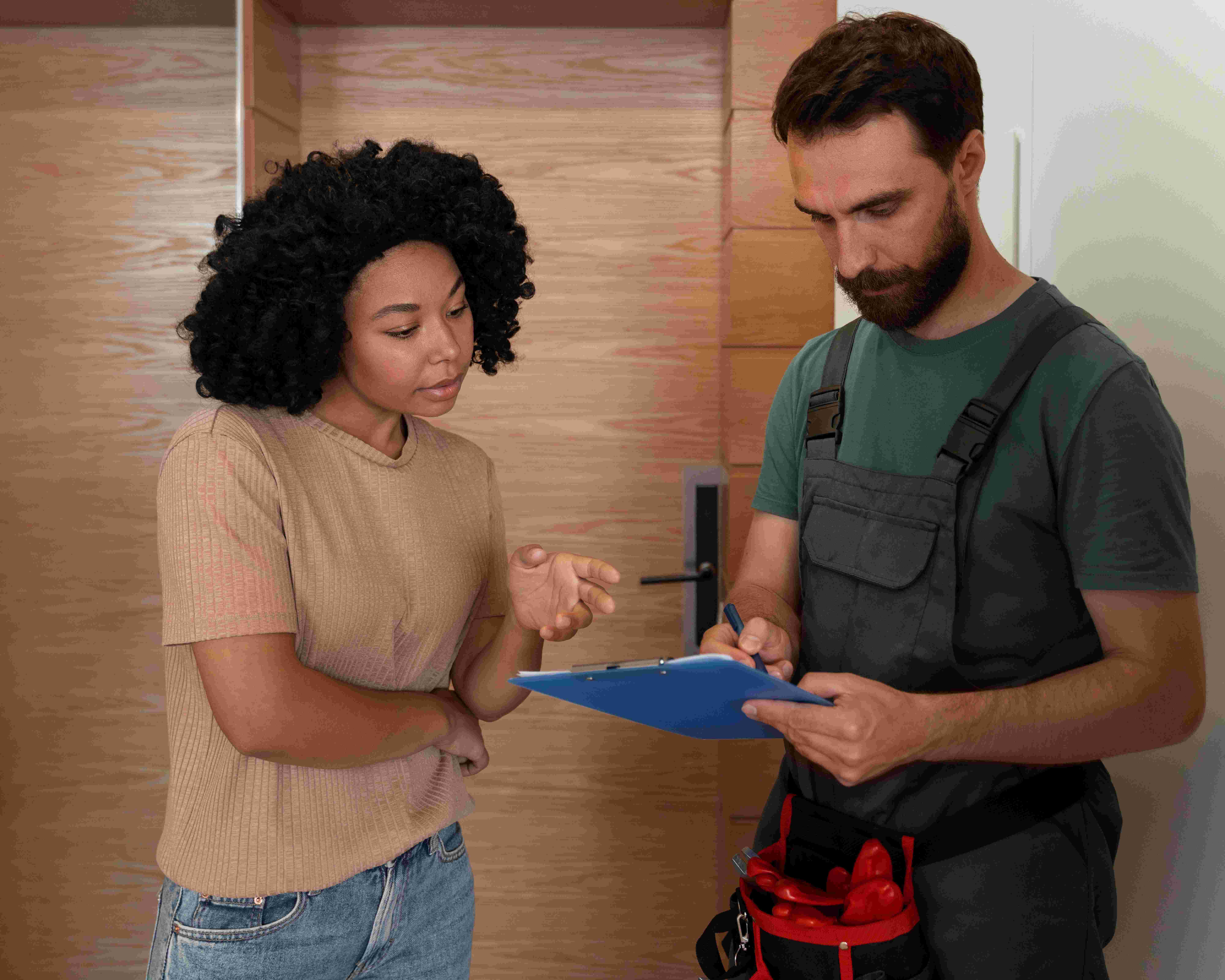 A homeowner consults a contractor holding a clipboard, discussing renovations to help sell an old home quickly and profitably.