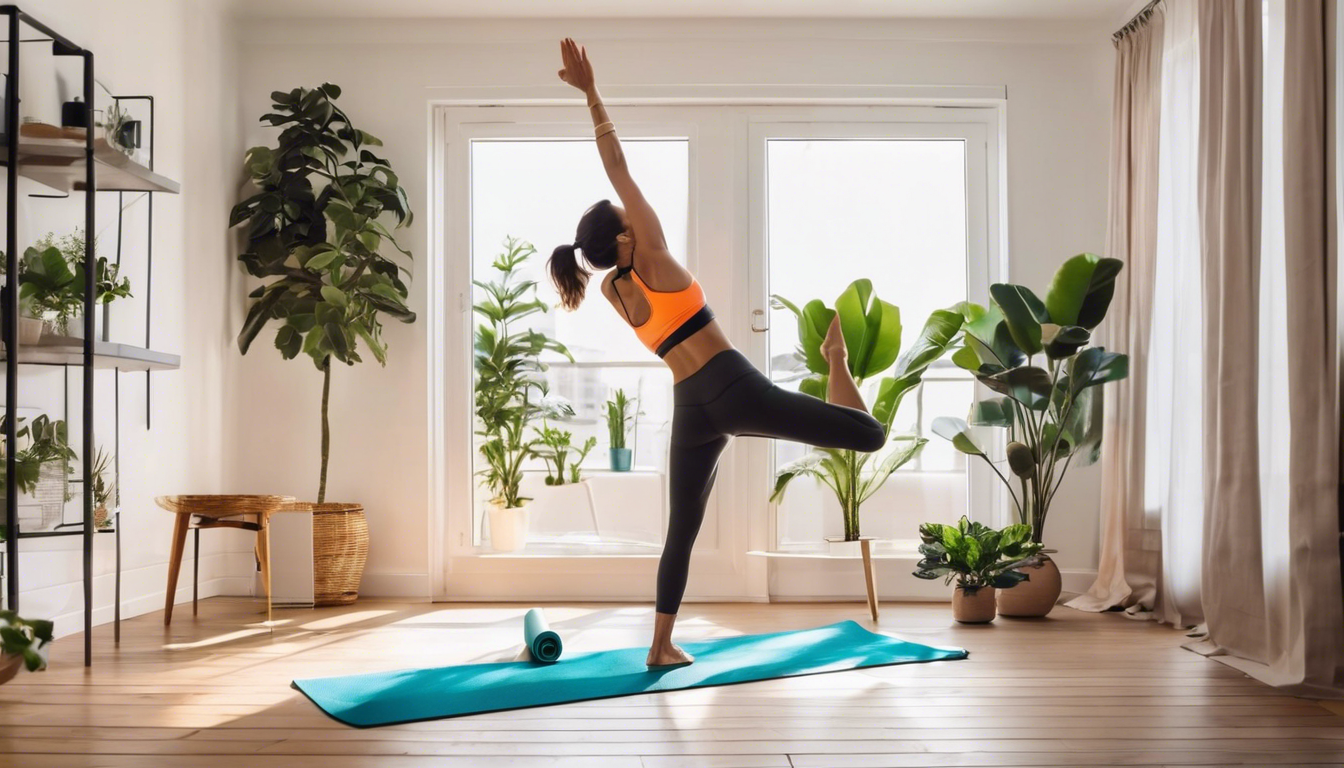 Woman performing a yoga stretch on a mat at home, surrounded by plants, illustrating simple cardio exercises for beginners in a relaxing setting.