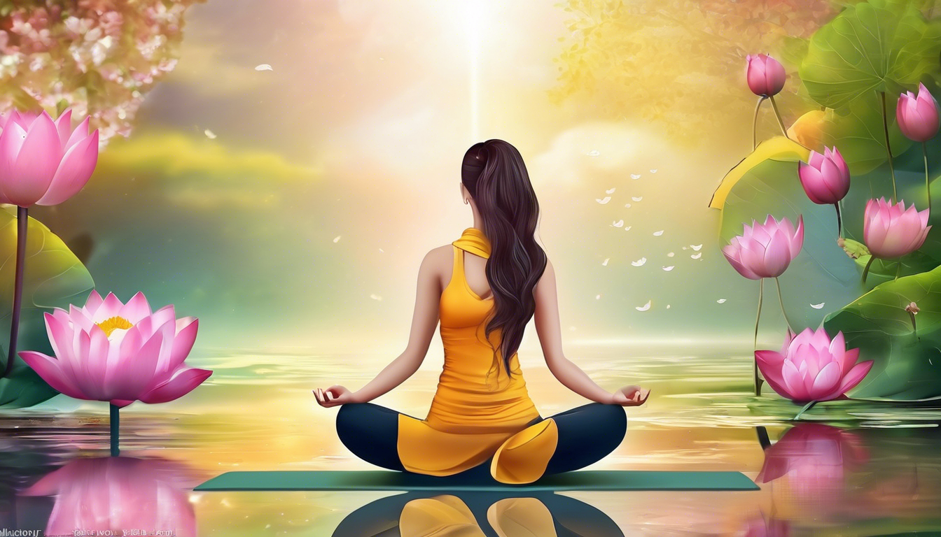 A woman in a yellow outfit practices yoga by a tranquil pond surrounded by lotus flowers, symbolizing relaxation and mental health benefits.