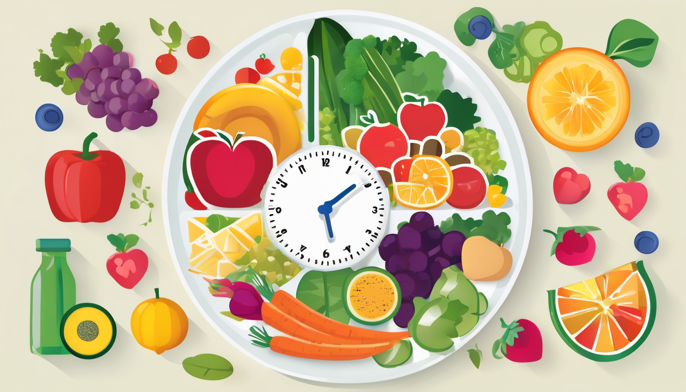 Illustration of balanced diet: plate with fruits, vegetables, and a clock emphasizing mealtime importance for healthy living.