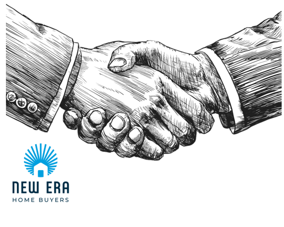 Illustration of a handshake with “New Era Home Buyers” logo, symbolizing trust and partnership in fast home-selling options.