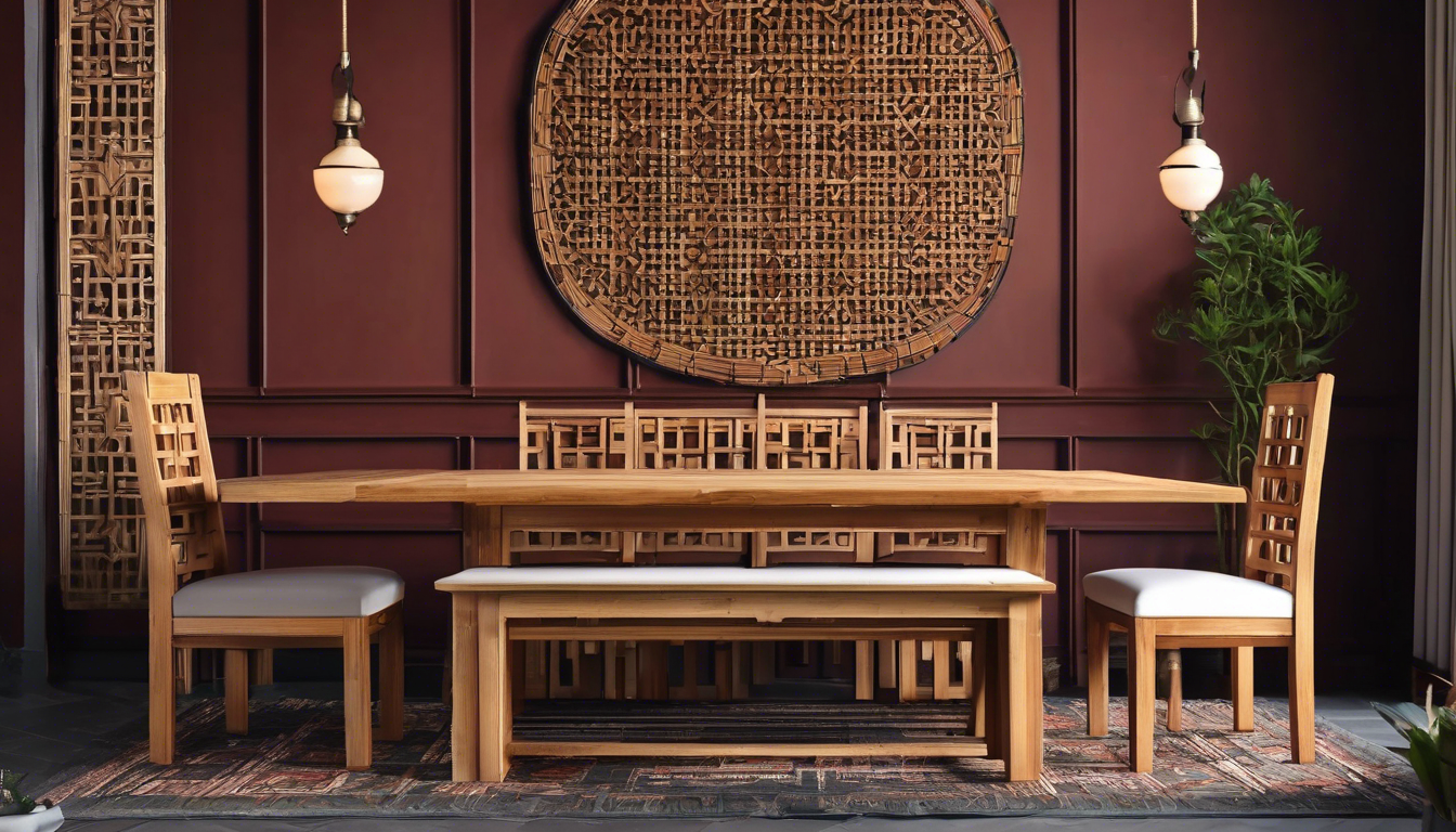 Traditional dining area with wooden furniture and woven wall decor, highlighting the cultural connection of food and local traditions.