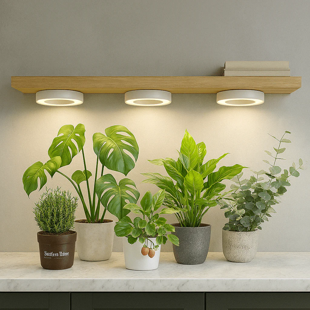 Halo shelf plant light illuminating five small plants on a countertop, enhancing growth in a modern, indoor setting.