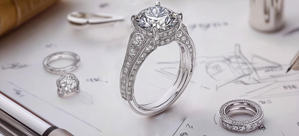 Elegant diamond engagement ring designs with intricate details on a sketchpad, symbolizing personalized style choices for engagement rings.