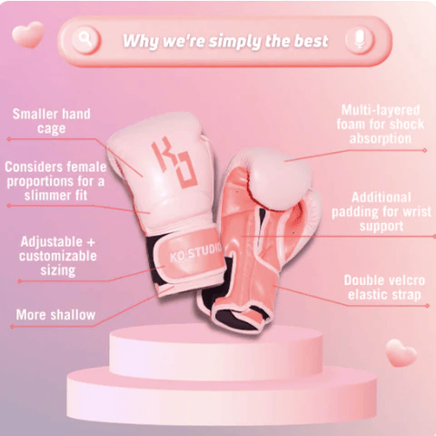 Boxing gloves with features: smaller hand cage, slimmer fit, adjustable sizing, shallow design, shock-absorbing foam, wrist support, velcro strap.