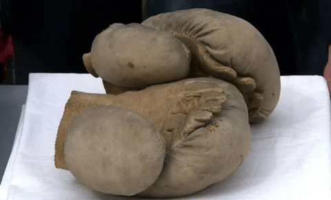 Vintage boxing gloves displayed on a white surface, illustrating early glove design for the article on boxing gloves' invention history.