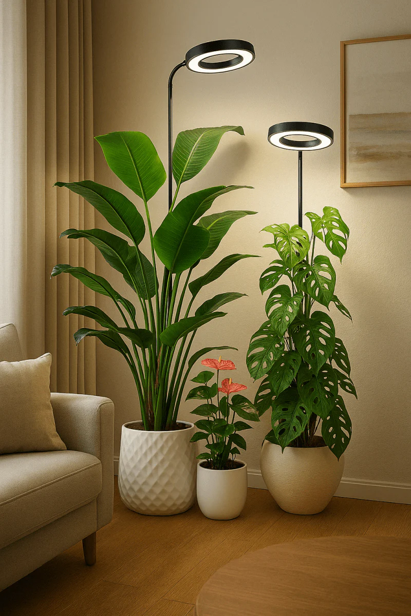 Stylish grow lights illuminating indoor plants in a cozy living room, highlighting their vibrant leaves and enhancing growth.