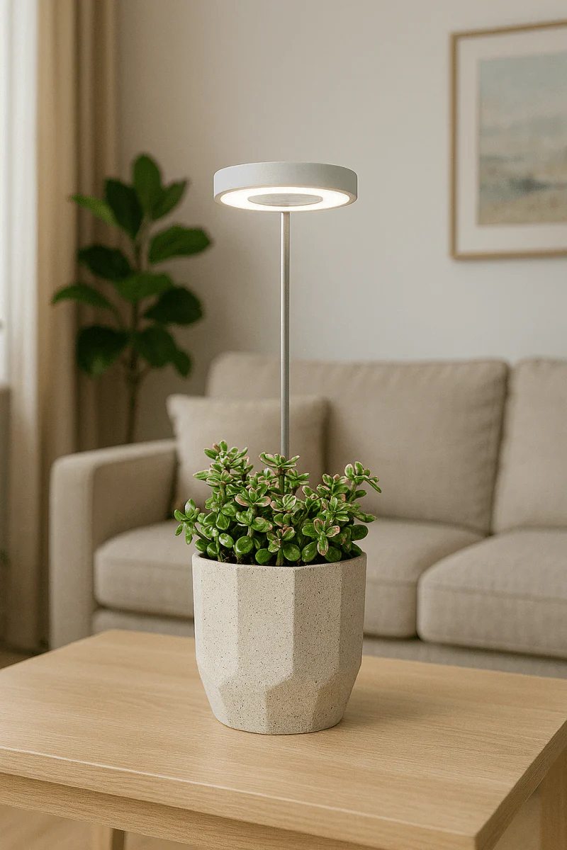 Modern grow light illuminating a potted plant on a table in a cozy living room, highlighting indoor gardening options.