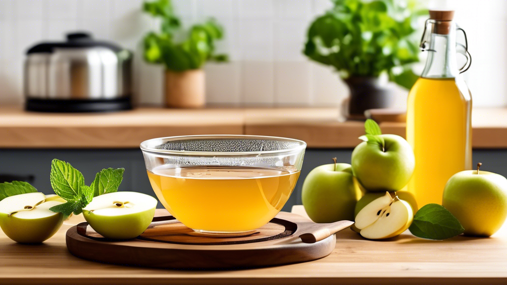 Bir mutfak tezgâhı üzerinde taze yeşil elma ve nane yapraklarıyla çevrili bir cam kâse elma suyu, mide bulantısı için doğal bir ilacı gösteriyor.