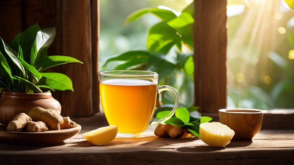 Güneşli bir pencerenin yanındaki ahşap masada bir fincan zencefil çayı, taze zencefil ve limon, mide bulantısı için doğal çözümleri gösteriyor.