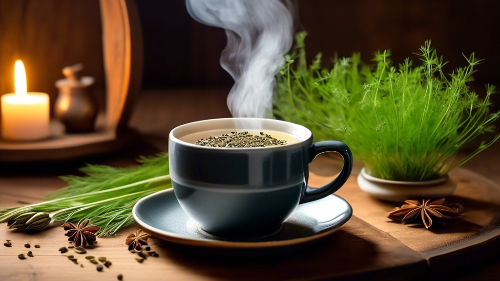 Yeşillikler ve yanan bir mumla çevrili ahşap bir masa üzerinde rezene ve yıldız anasonlu bitki çayı buharı, doğal mide bulantısı ilaçlarını öneriyor.