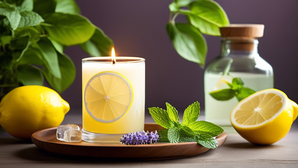 Lemon, mint leaves, lavender, and a lemon-infused candle on a tray, with a herbal infusion in the background, suggesting natural remedies for nausea.