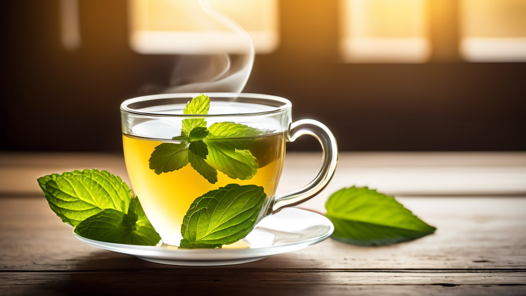 Sıcak ve güneşli bir ortamda, mide bulantısını yatıştırmak için ideal olan taze nane yapraklarıyla dumanı tüten bir fincan nane çayı.