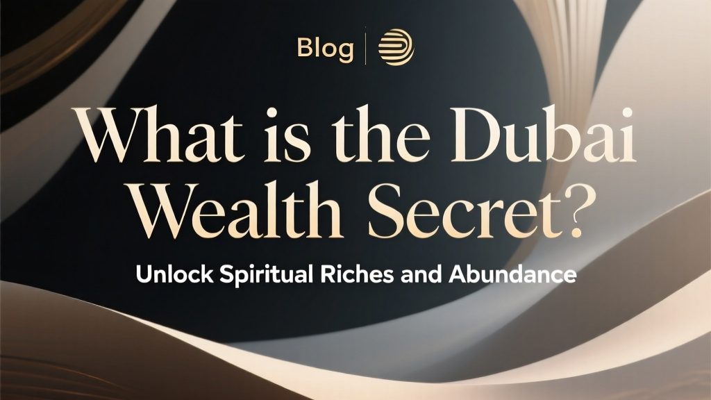 Image promoting article "What is the Dubai Wealth Secret?". Text over abstract background: headline "What is the Dubai Wealth Secret? Unlock Spiritual Riches and Abundance".