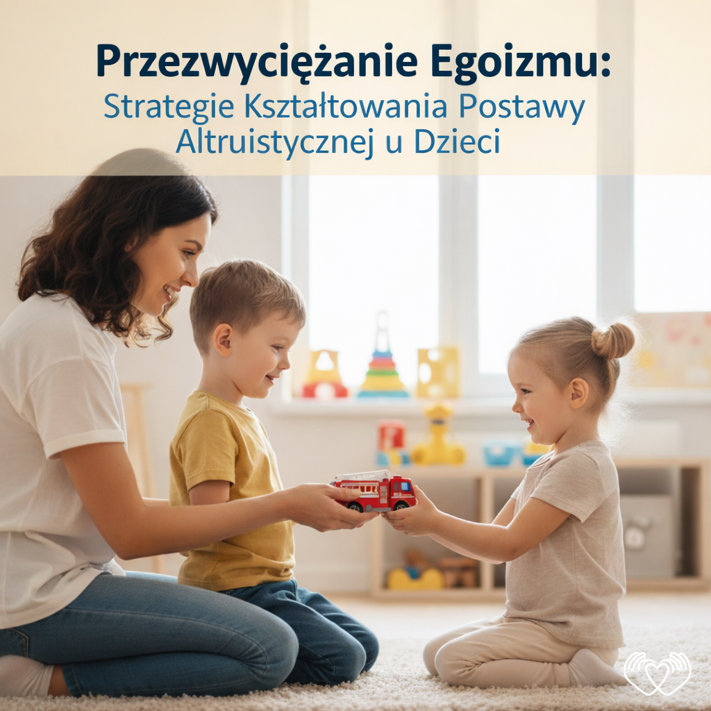 Matka uczy dzieci dzielenia się zabawką i postawy altruistycznej w domu.